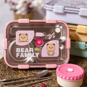 Personalized Stainless Steel Bear Family Bento Lunch Box (3 Grid) With Bowl for Kids - Memories InsiteBEAR FAMILY LUNCH BOX-1 PINK